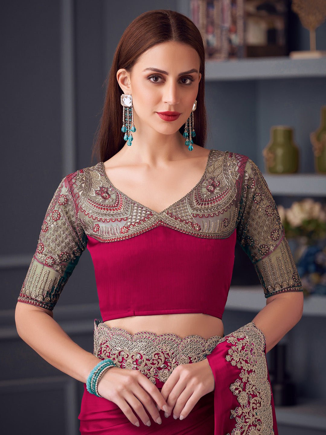 Maroon Polyester Sequin Embroidery saree - Ressa