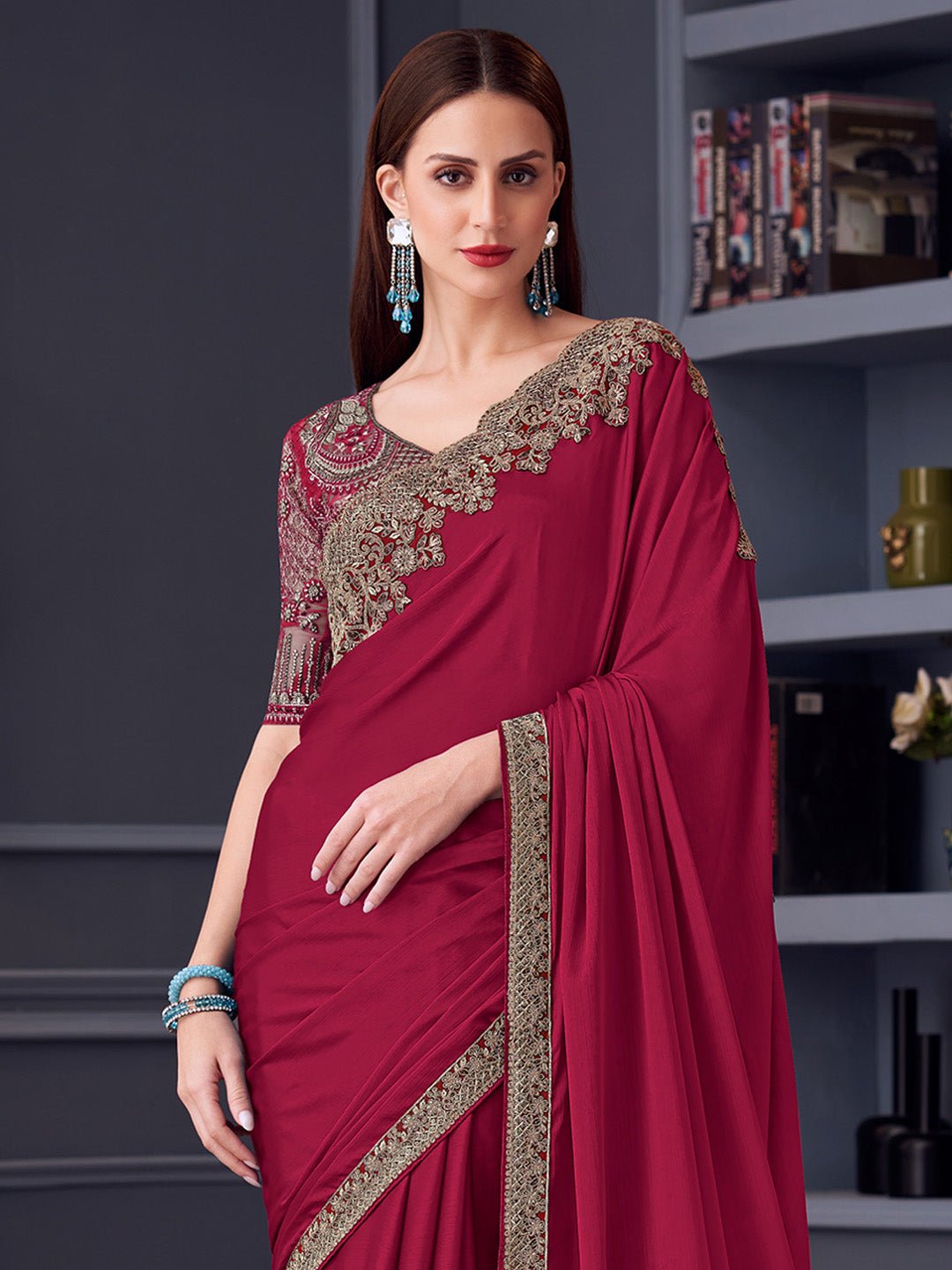 Maroon Polyester Sequin Embroidery saree - Ressa