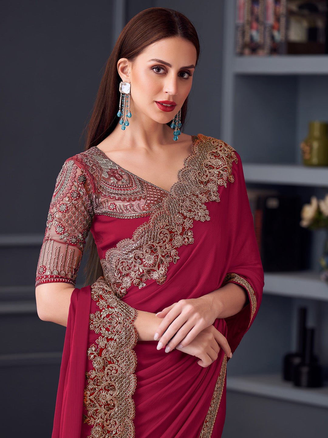 Maroon Polyester Sequin Embroidery saree - Ressa