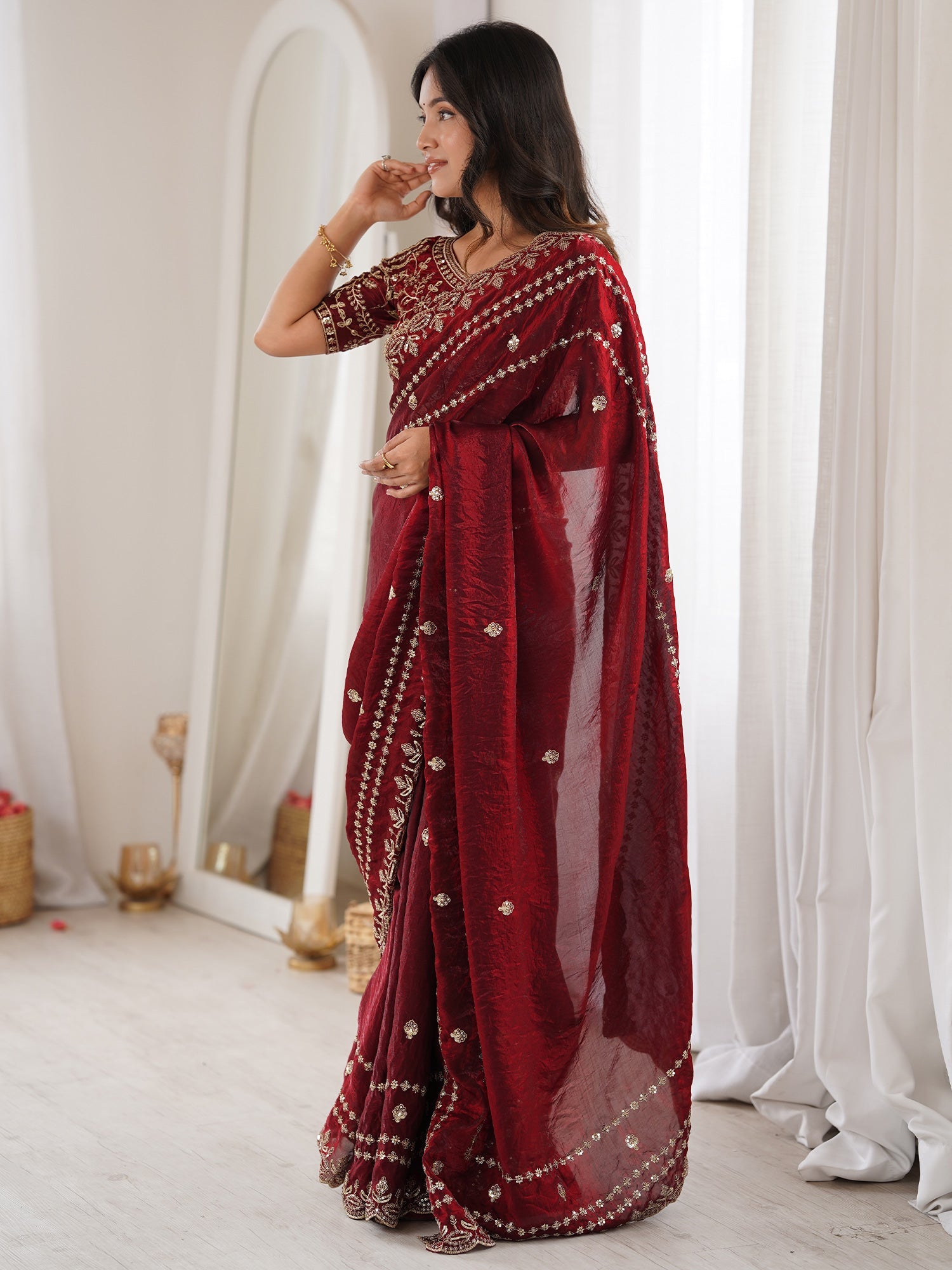 Maroon Saree Satin with Intricate Zardosi Embroidery - Ressa