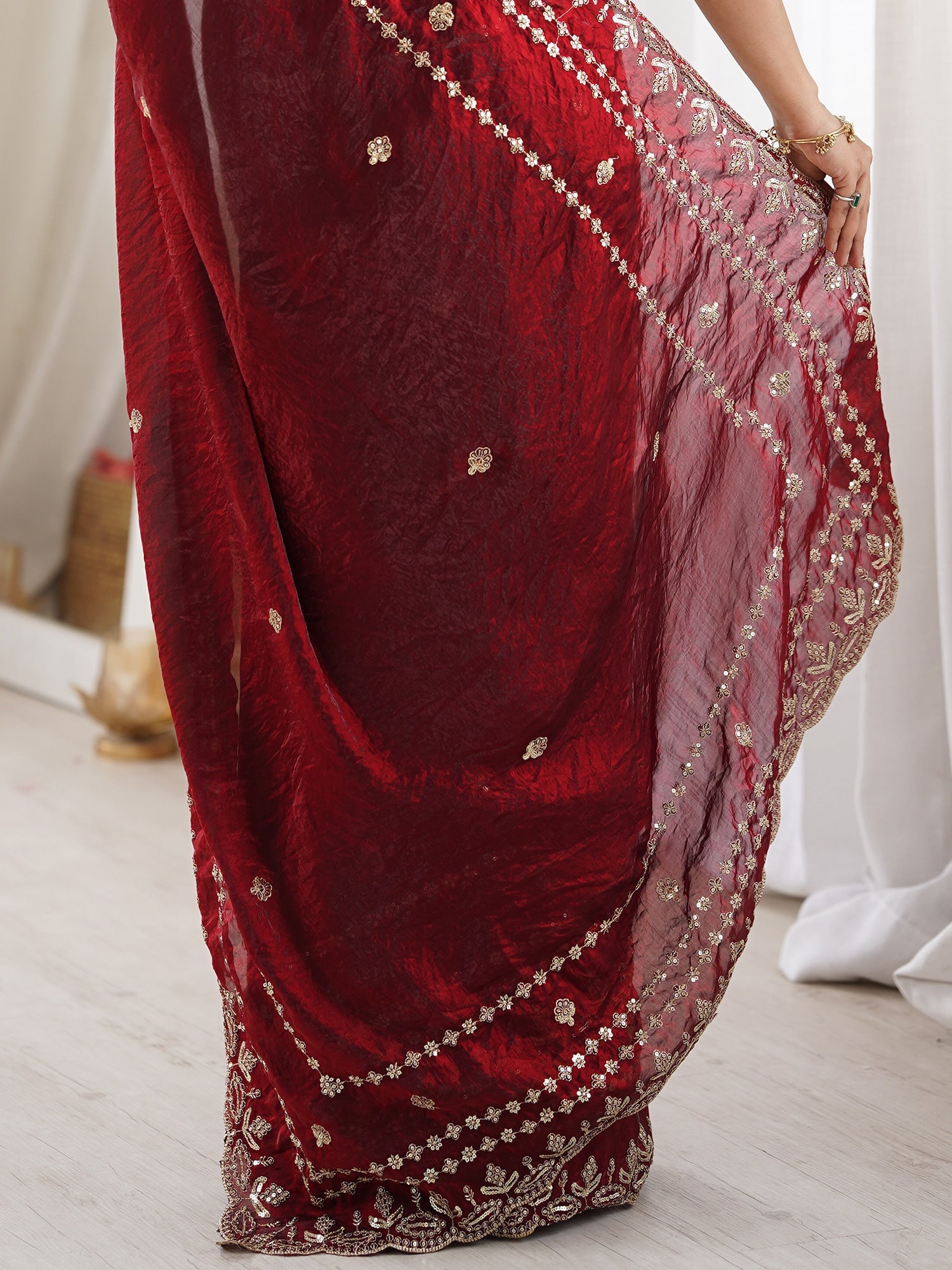Maroon Saree Satin with Intricate Zardosi Embroidery - Ressa
