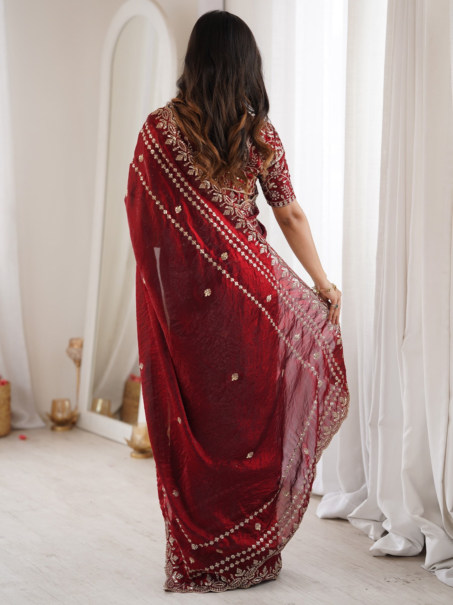 Maroon Saree Satin with Intricate Zardosi Embroidery - Ressa