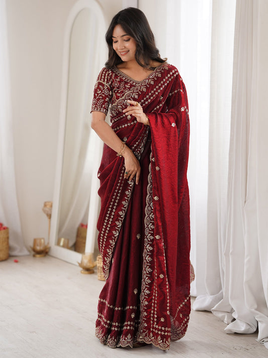 Maroon Saree Satin with Intricate Zardosi Embroidery - Ressa