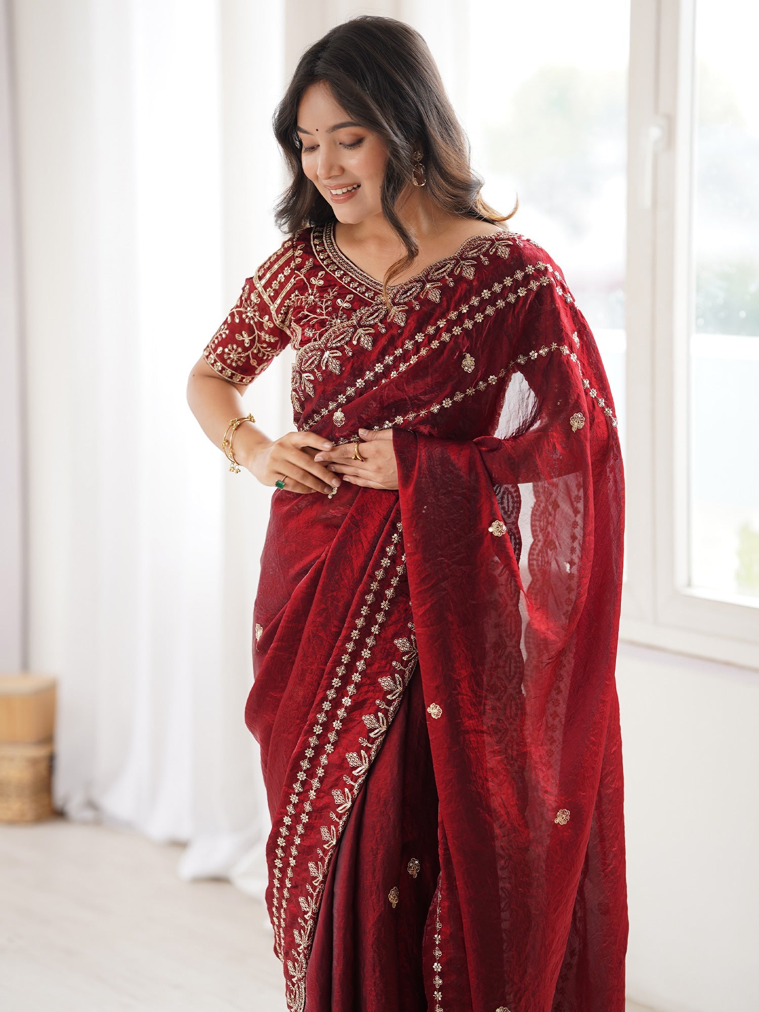 Maroon Saree Satin with Intricate Zardosi Embroidery - Ressa