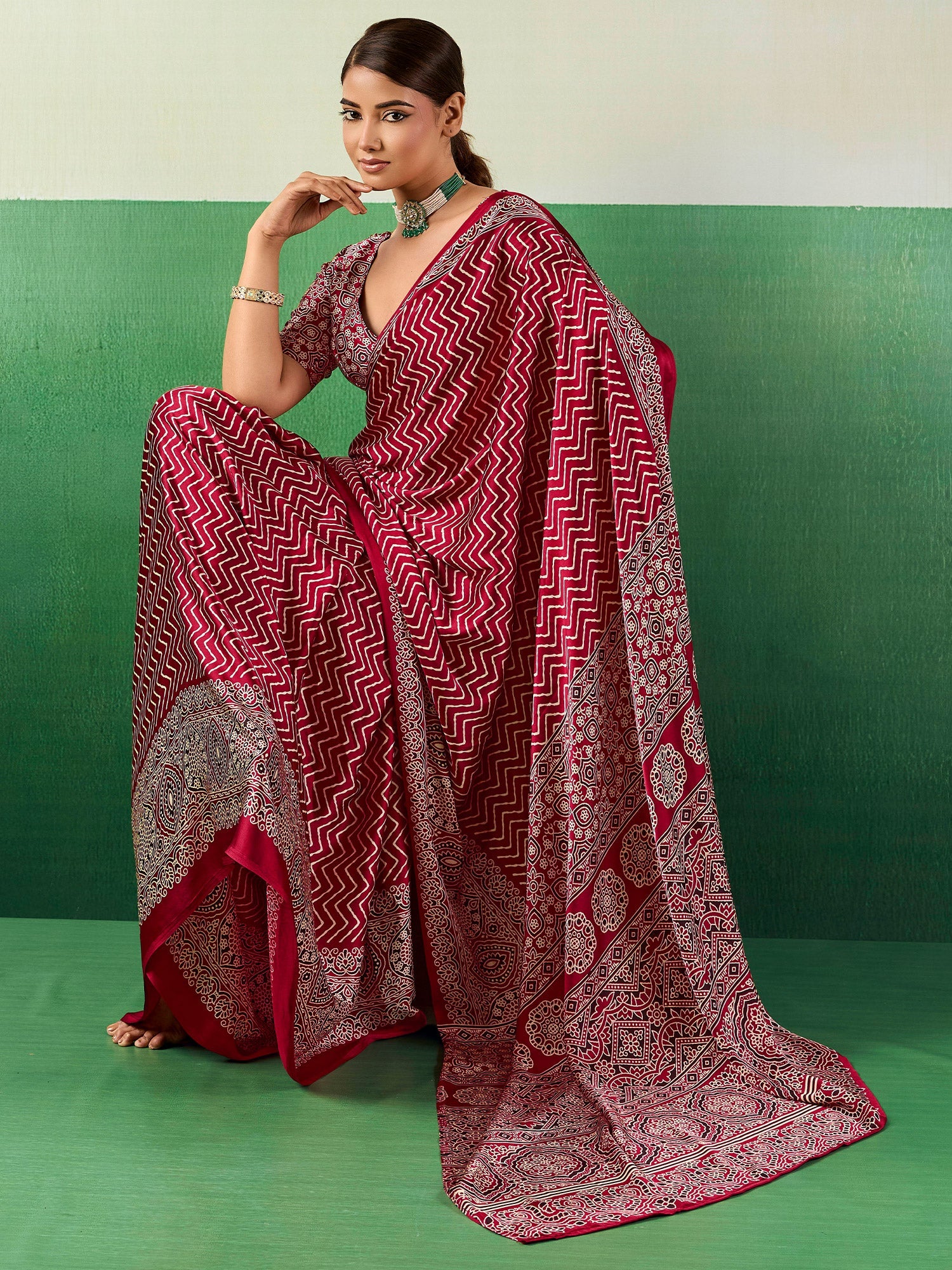 Maroon Satin Ajrakh Print Saree - Ressa