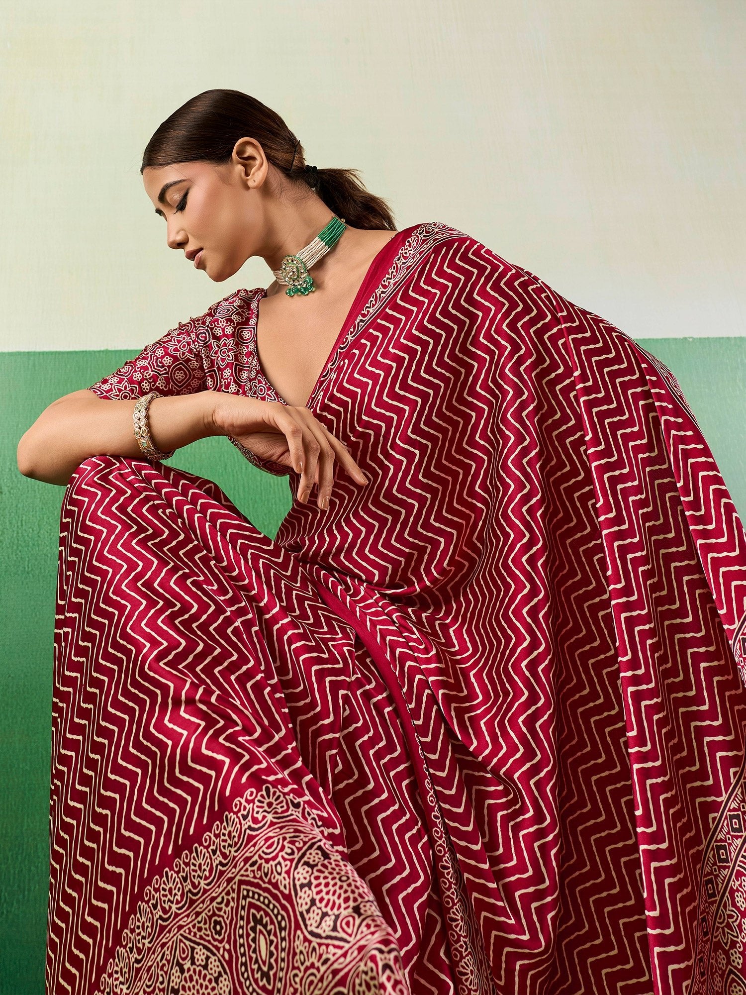 Maroon Satin Ajrakh Print Saree - Ressa