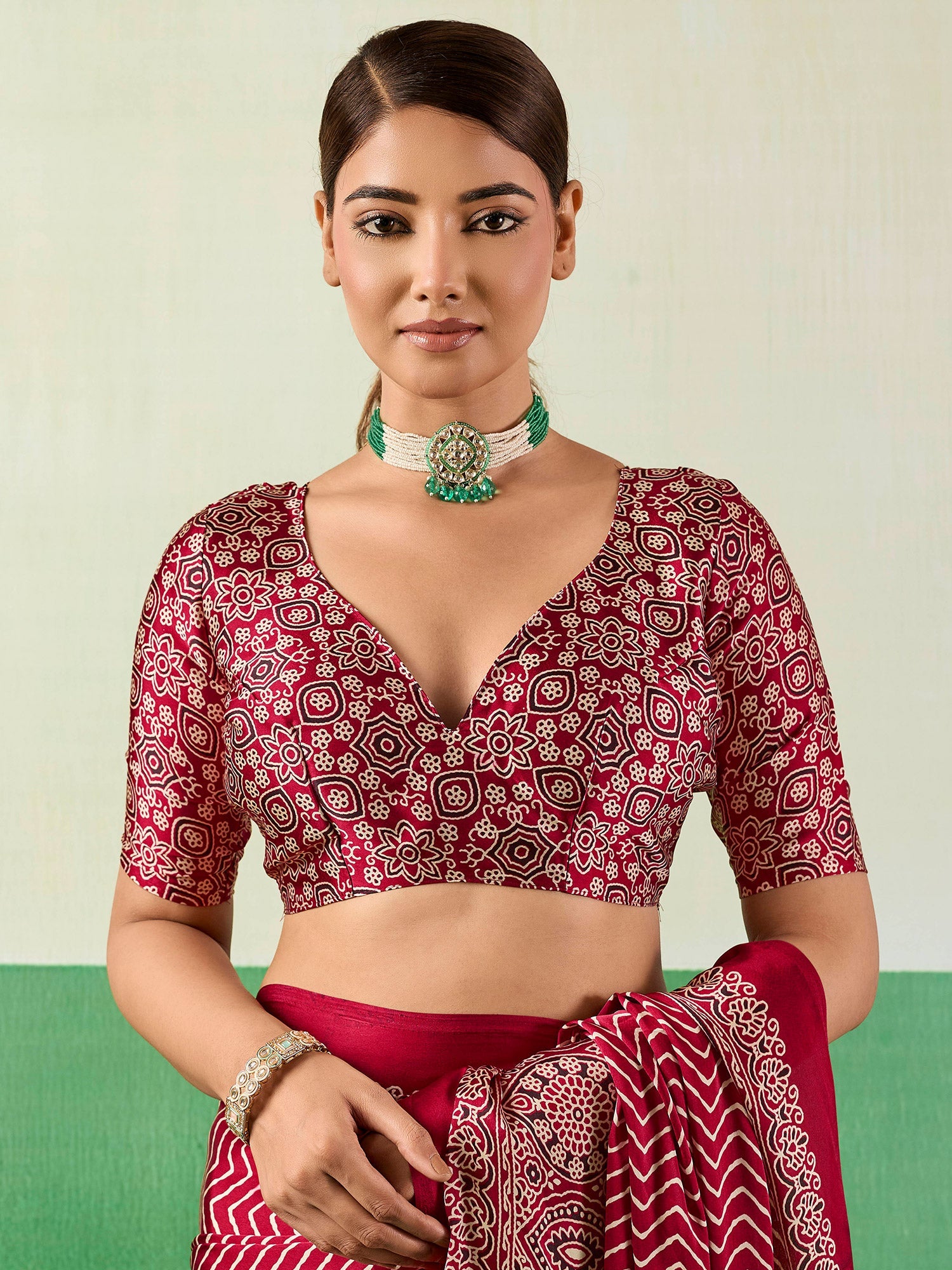 Maroon Satin Ajrakh Print Saree - Ressa