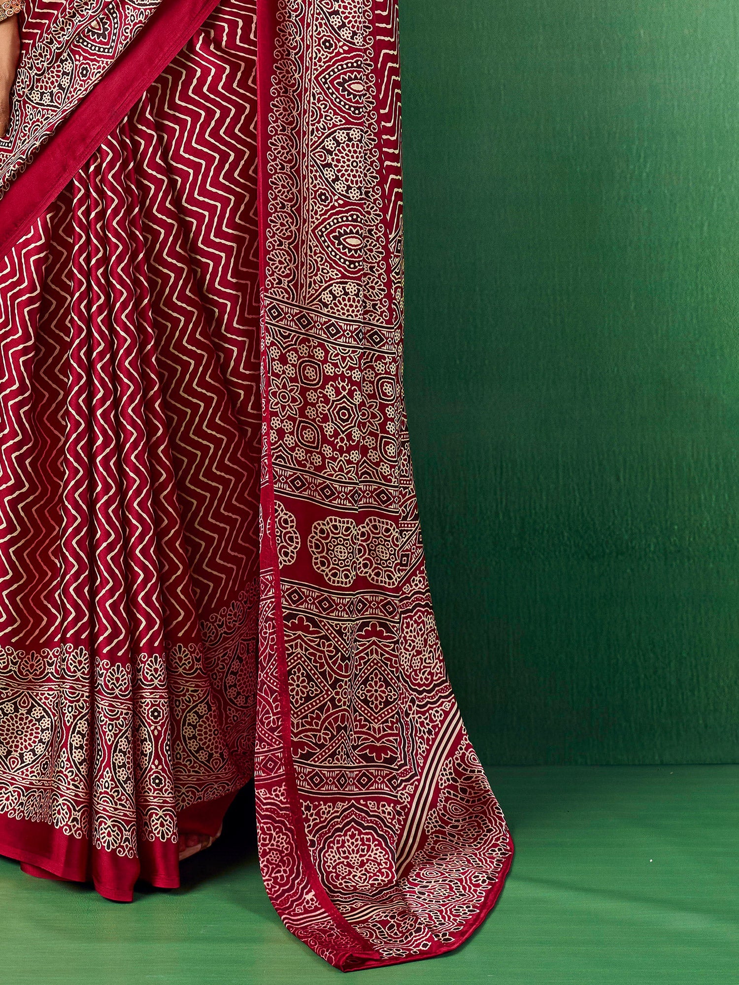 Maroon Satin Ajrakh Print Saree - Ressa