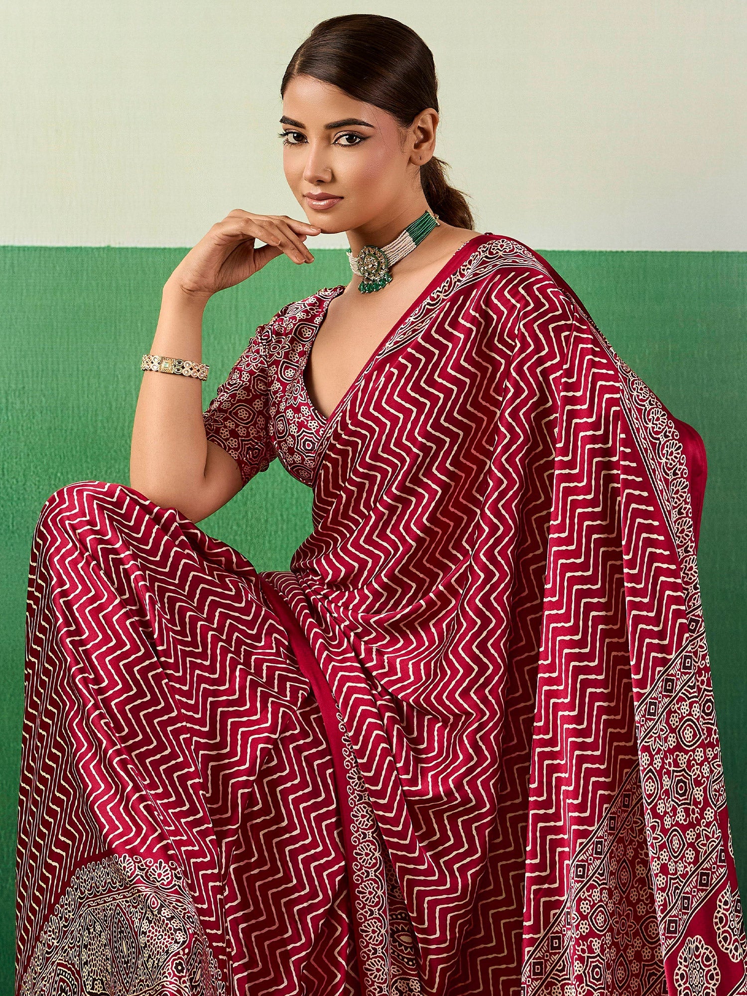 Maroon Satin Ajrakh Print Saree - Ressa