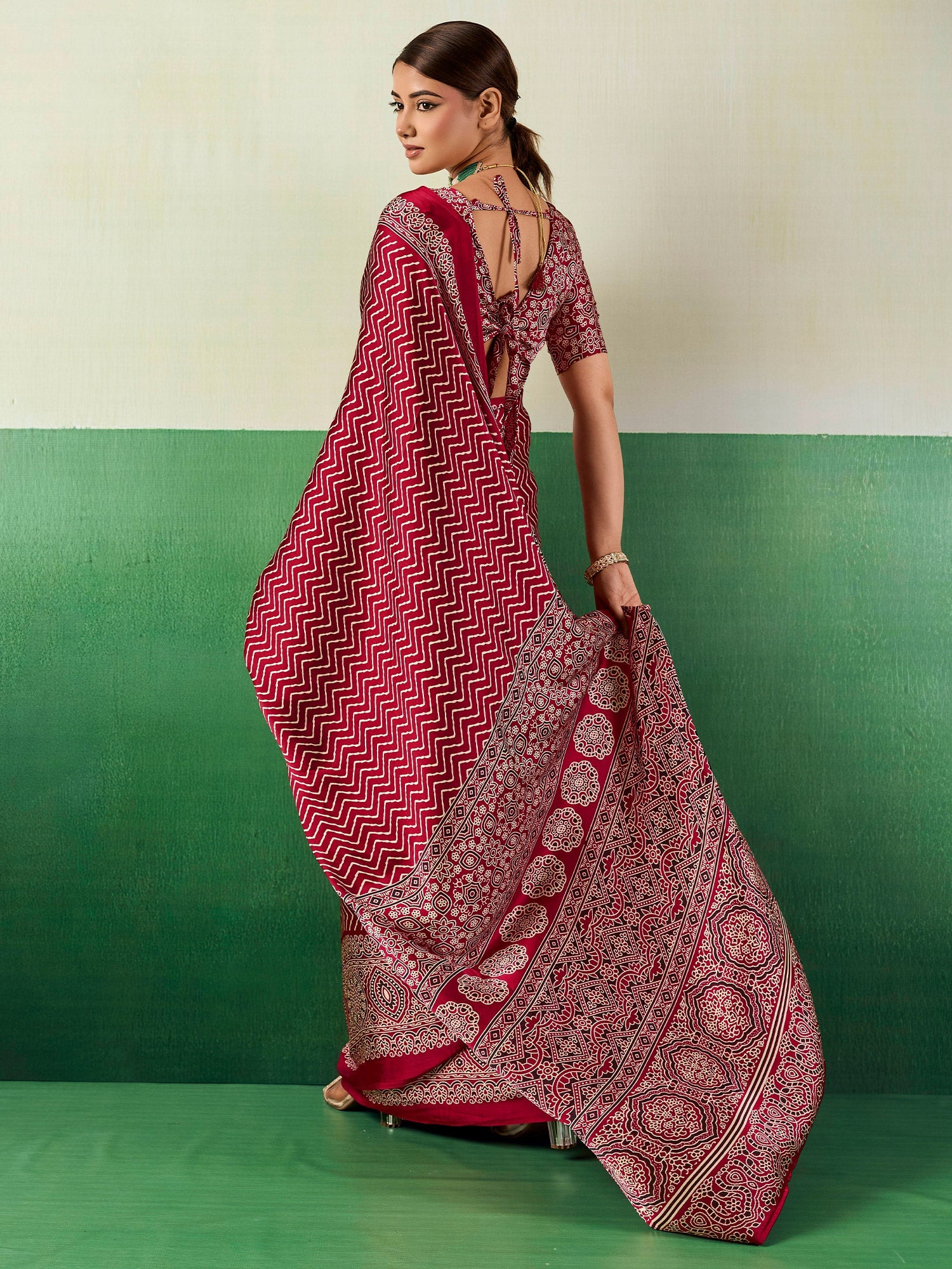 Maroon Satin Ajrakh Print Saree - Ressa