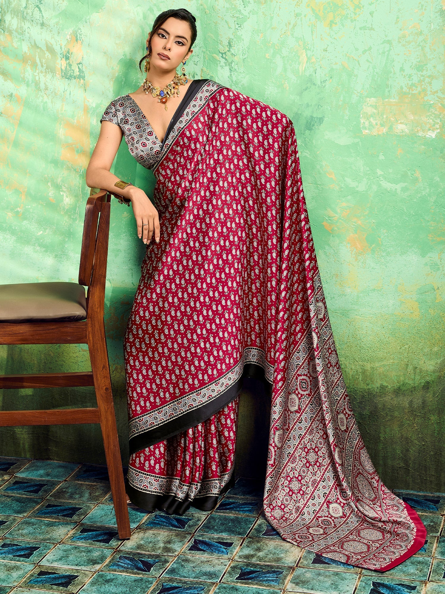 Maroon Satin Ajrakh Printed Saree - Ressa