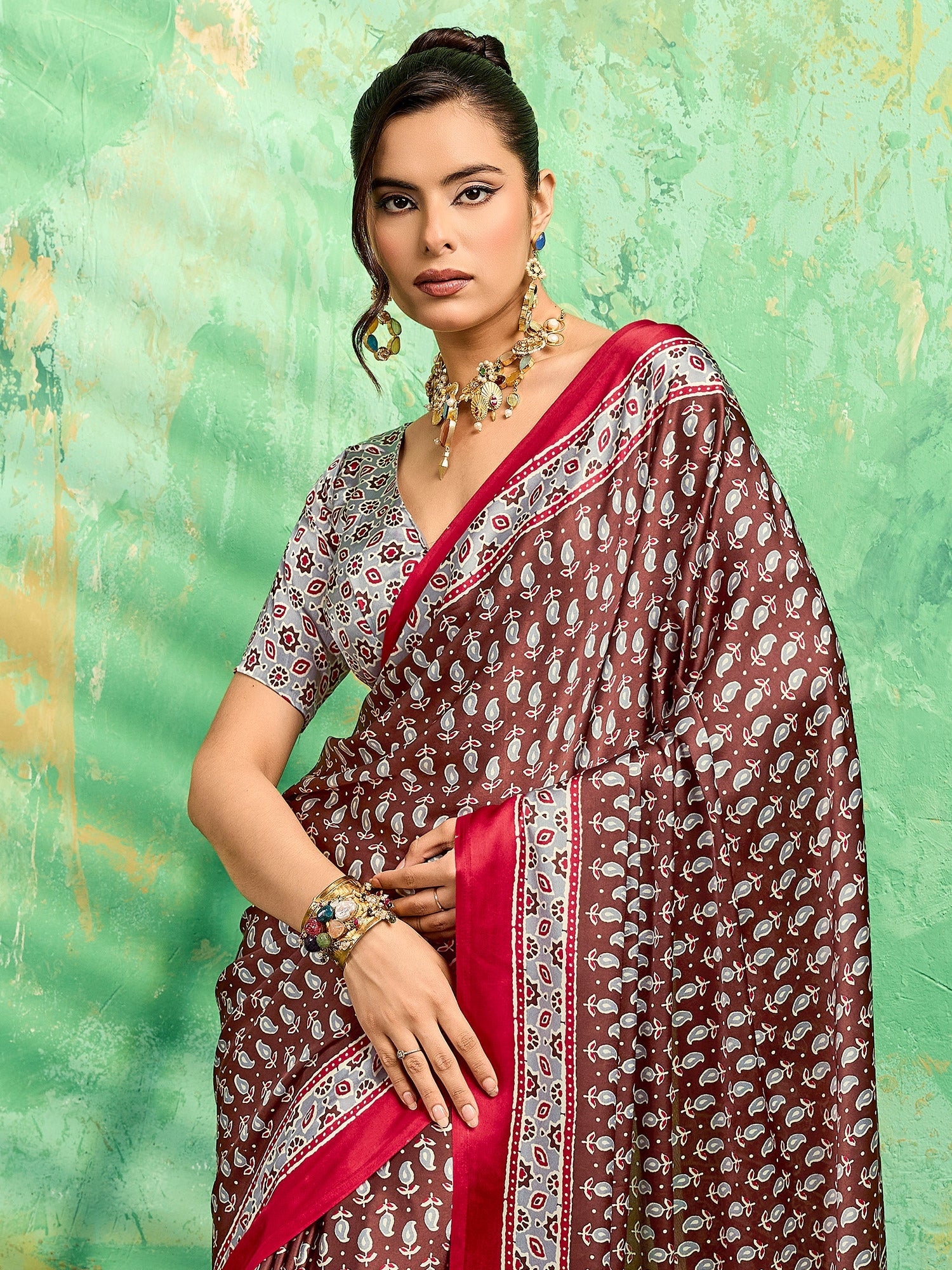 Maroon Satin Ajrakh Printed Saree - Ressa