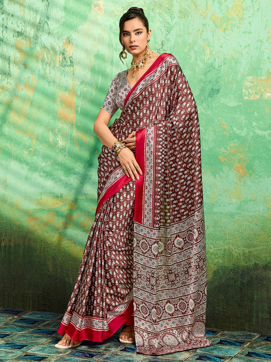Maroon Satin Ajrakh Printed Saree - Ressa