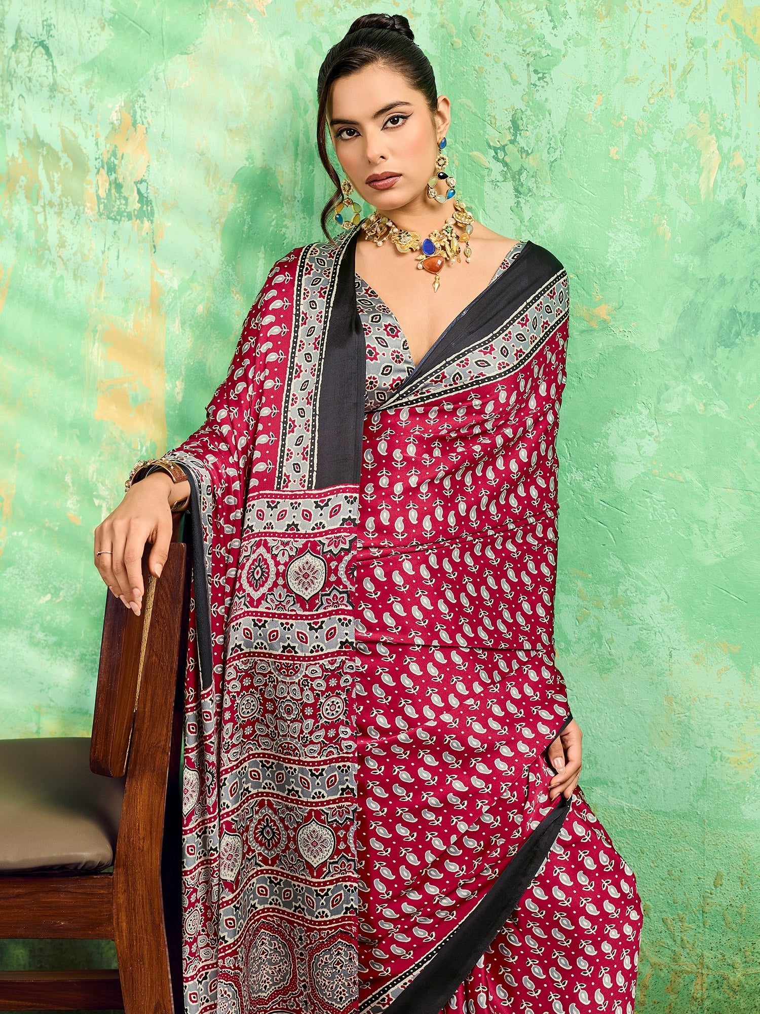 Maroon Satin Ajrakh Printed Saree - Ressa