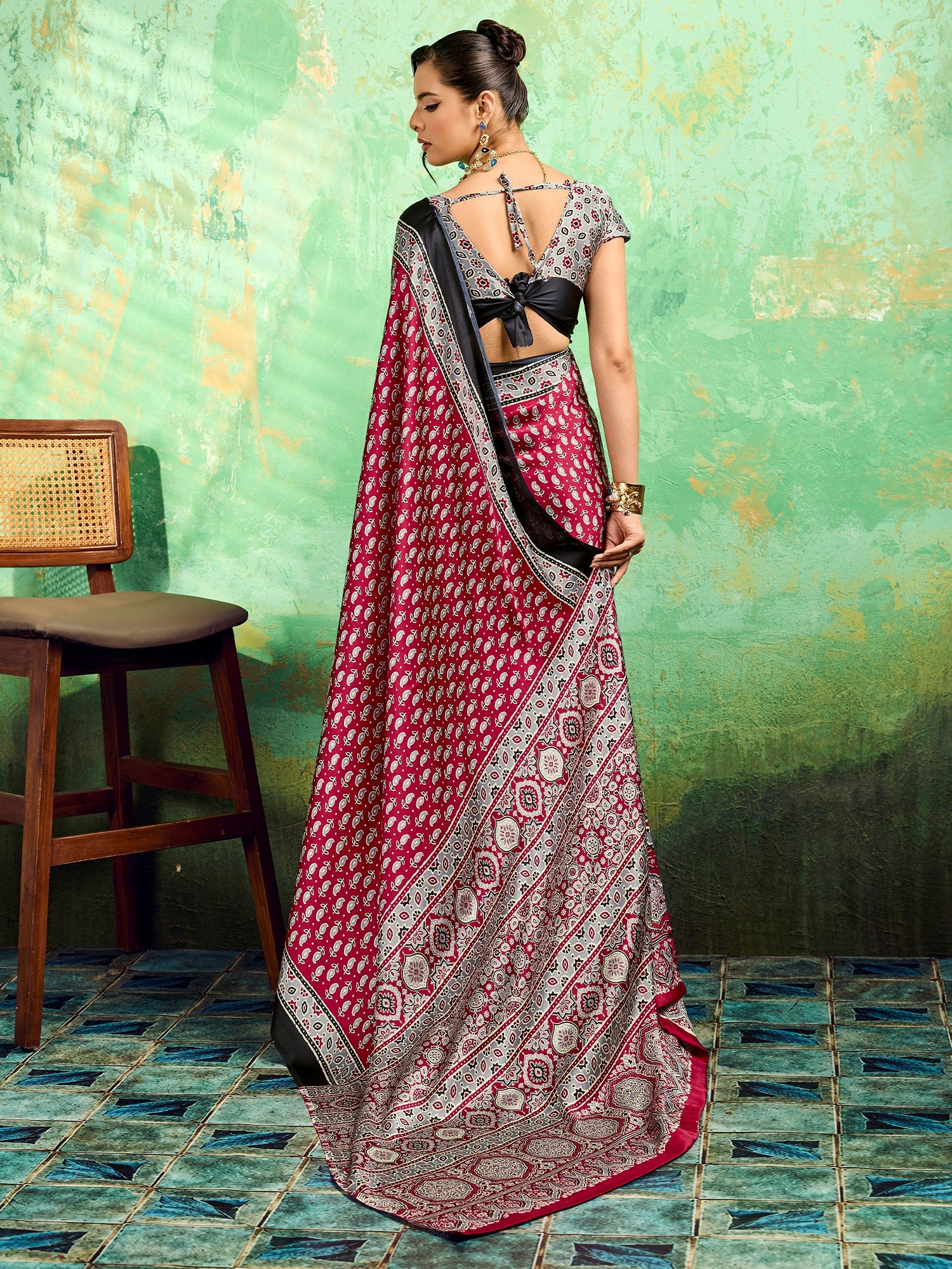Maroon Satin Ajrakh Printed Saree - Ressa