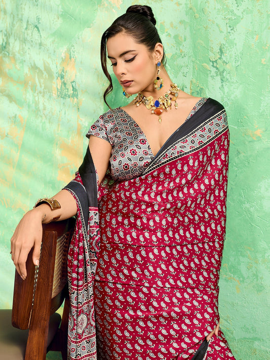 Maroon Satin Ajrakh Printed Saree - Ressa