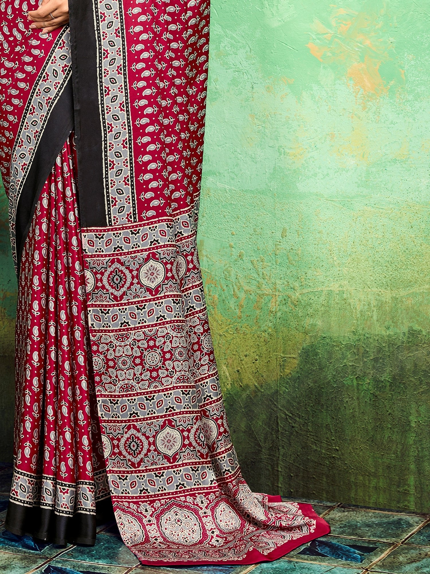 Maroon Satin Ajrakh Printed Saree - Ressa