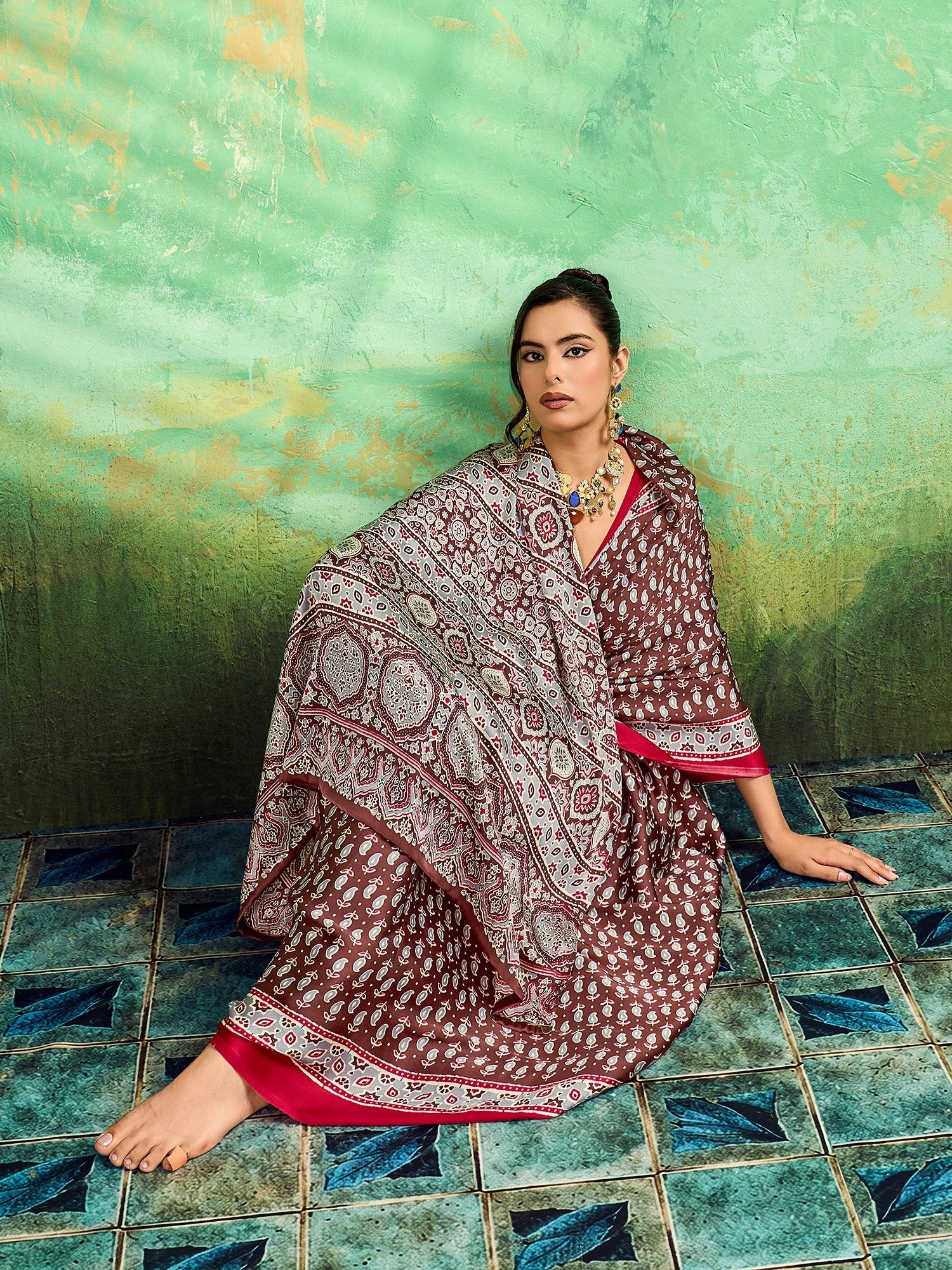 Maroon Satin Ajrakh Printed Saree - Ressa