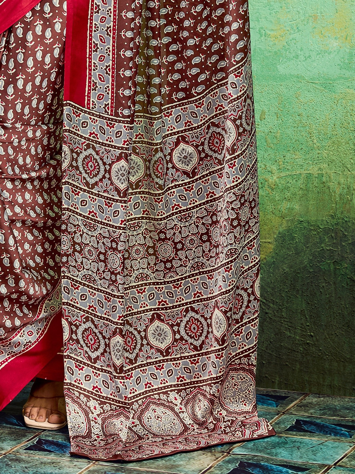 Maroon Satin Ajrakh Printed Saree - Ressa