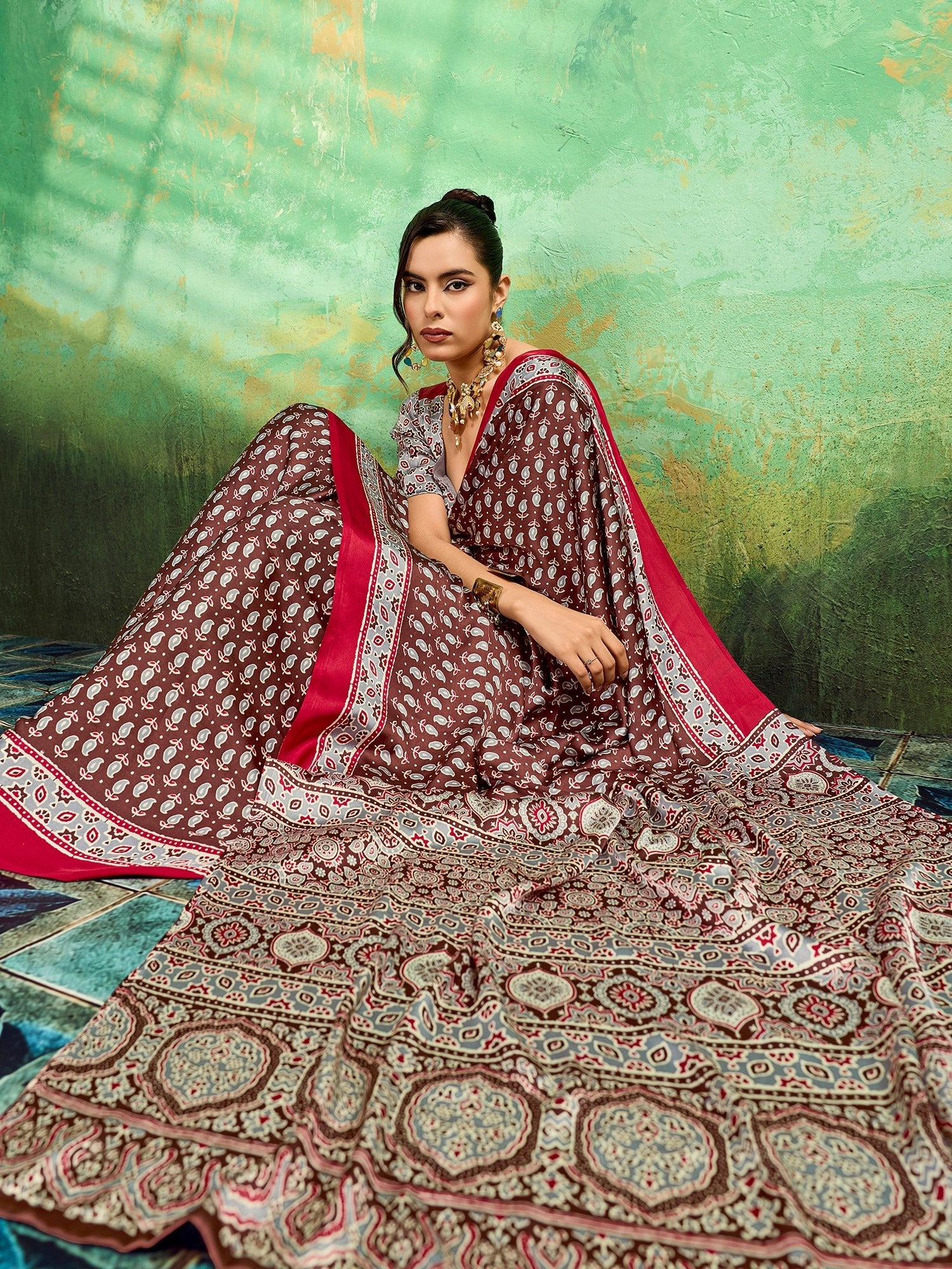 Maroon Satin Ajrakh Printed Saree - Ressa
