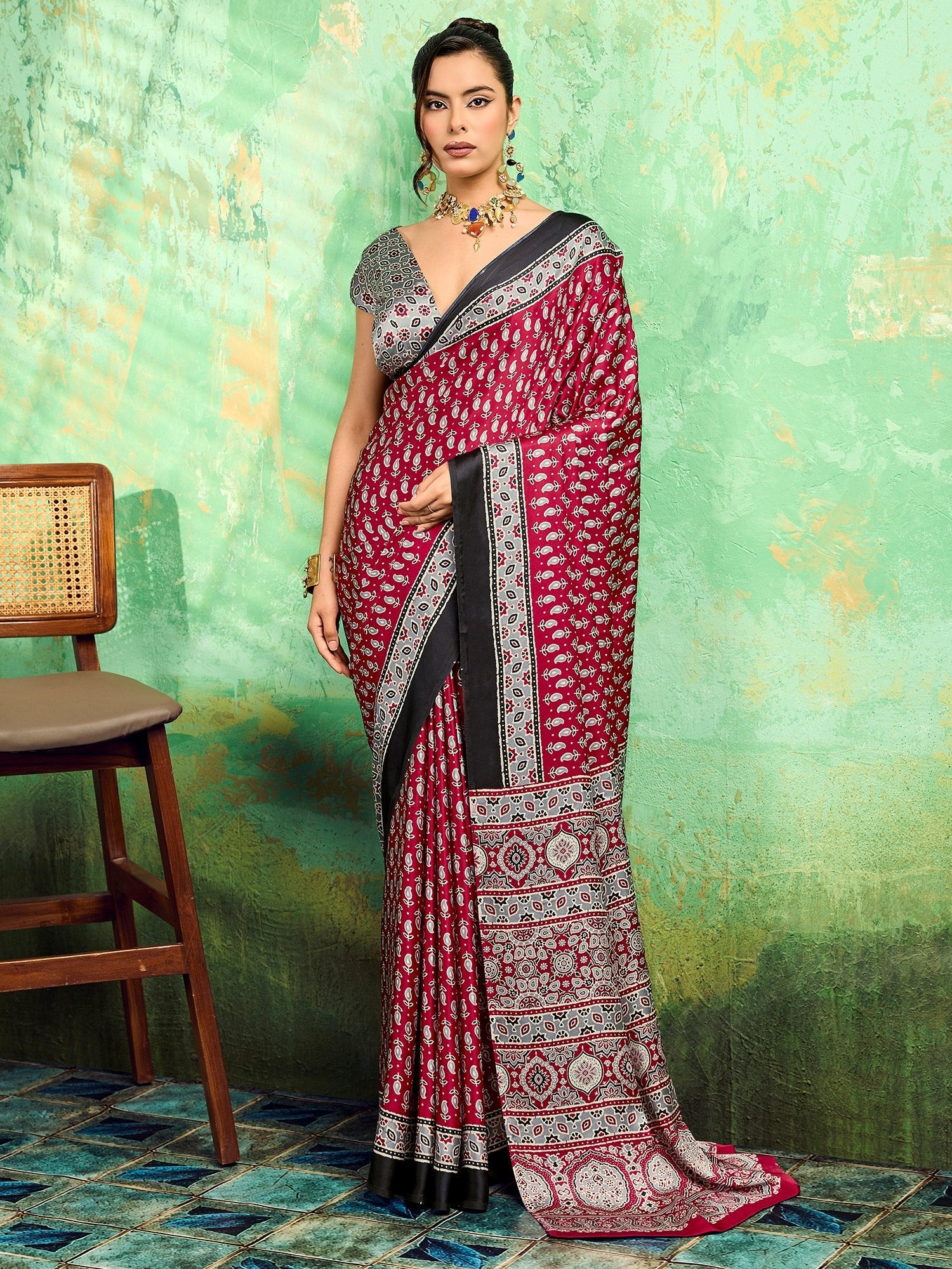 Maroon Satin Ajrakh Printed Saree - Ressa