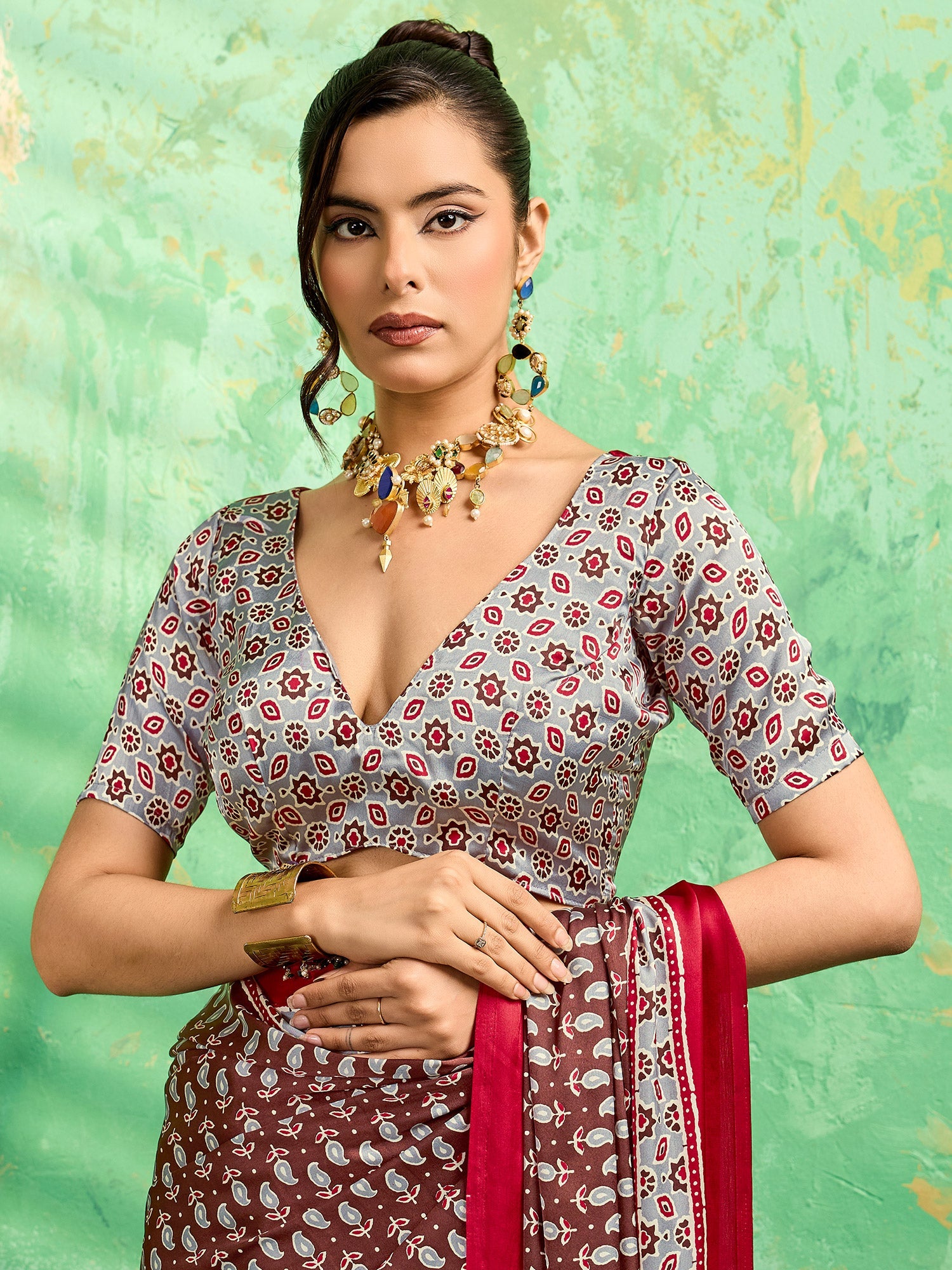 Maroon Satin Ajrakh Printed Saree - Ressa