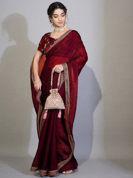 Maroon Satin Emblished Party Wear Saree - Ressa