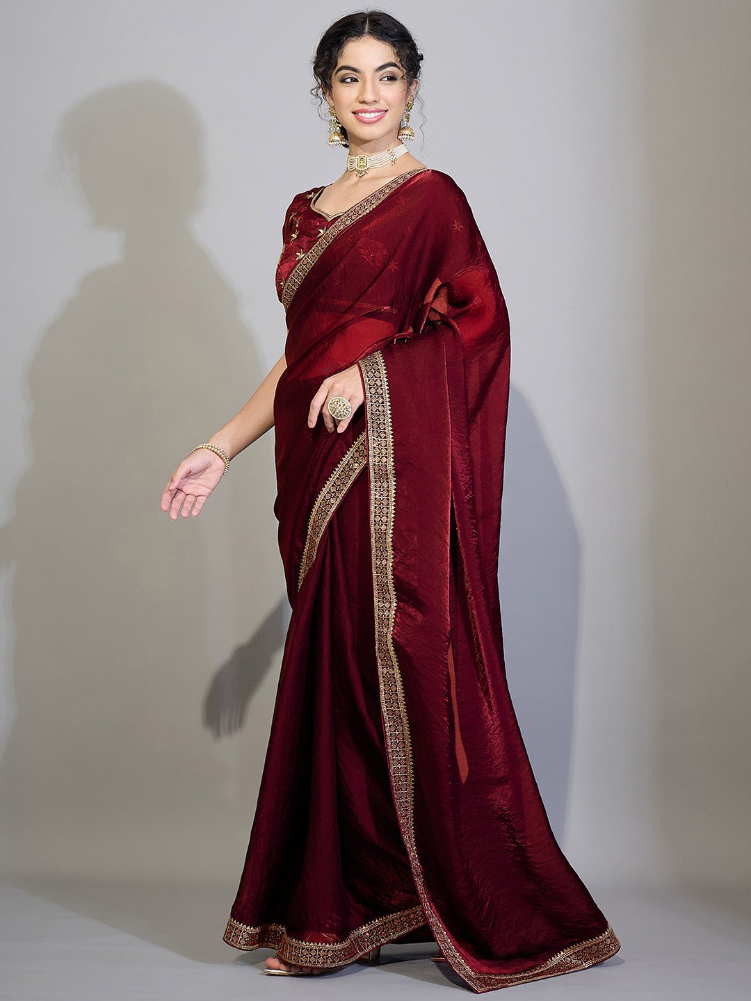 Maroon Satin Emblished Party Wear Saree - Ressa