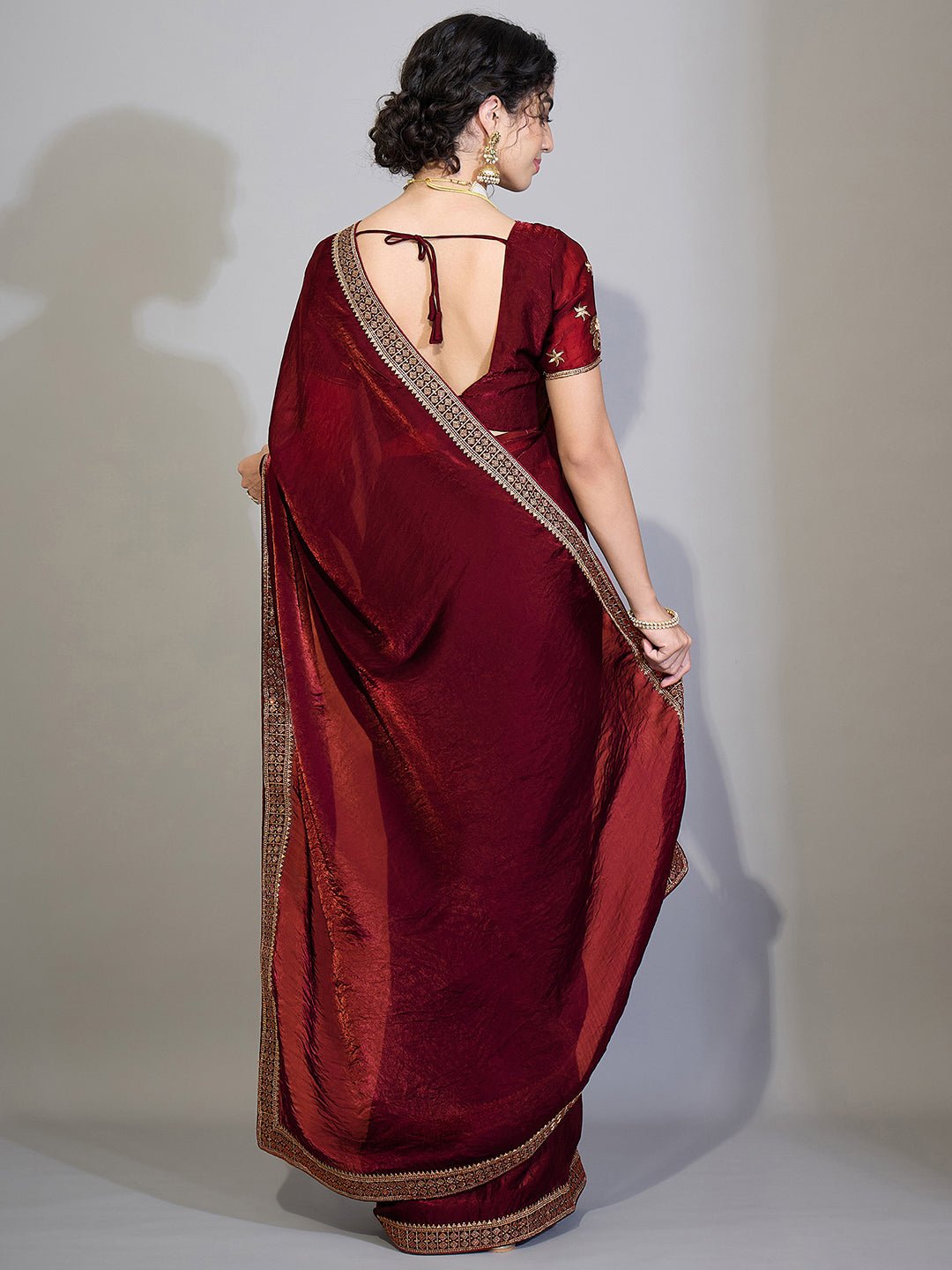 Maroon Satin Emblished Party Wear Saree - Ressa