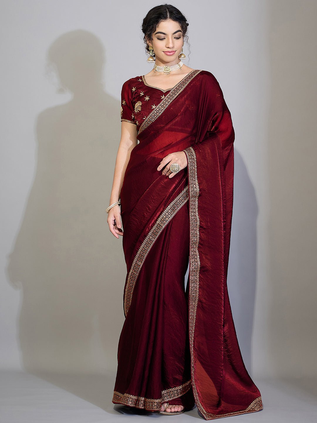 Maroon Satin Emblished Party Wear Saree - Ressa