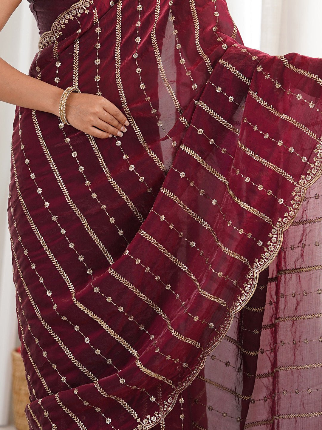 Maroon Satin Emblished Party Wear Saree - Ressa