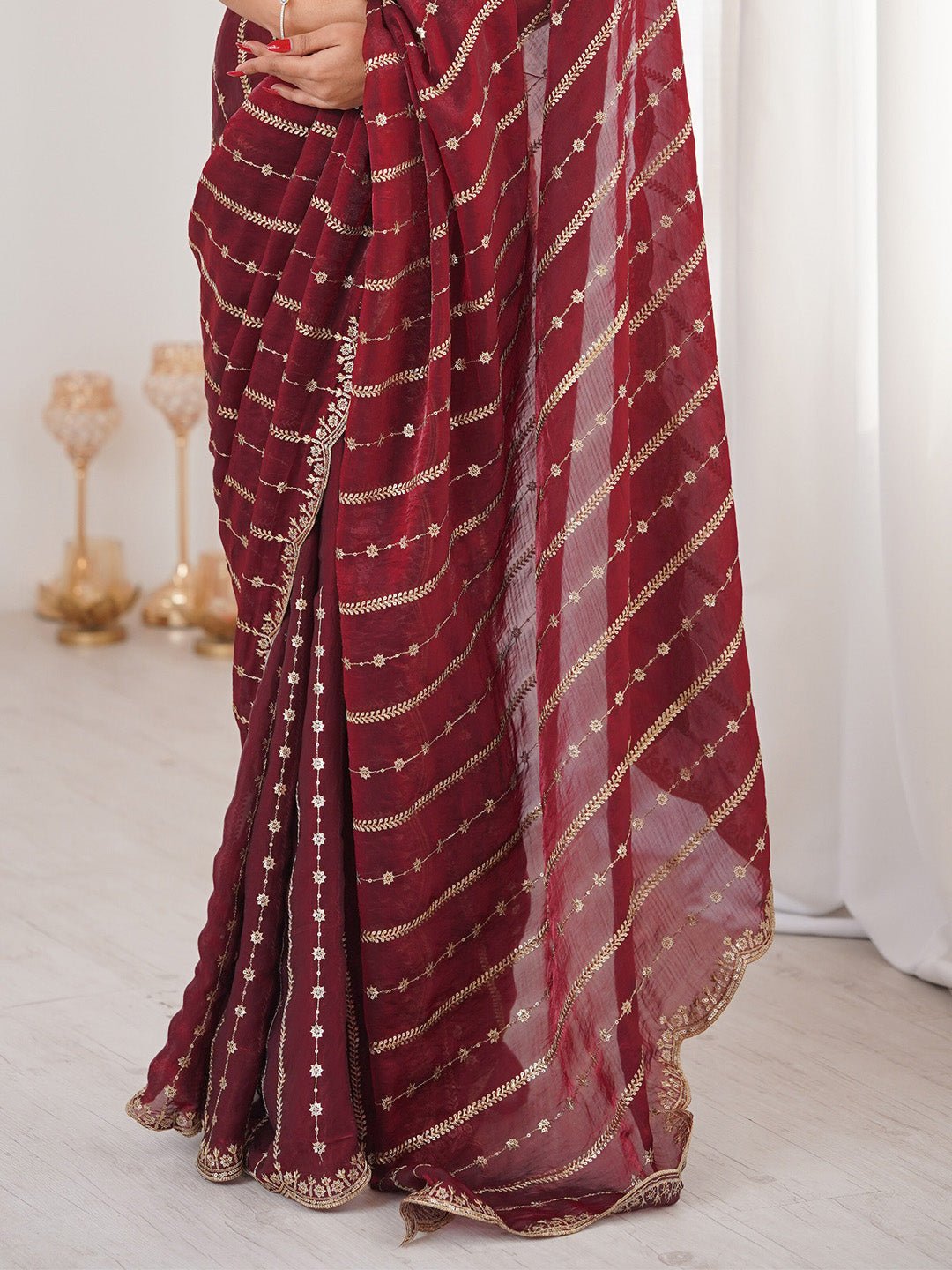 Maroon Satin Emblished Party Wear Saree - Ressa