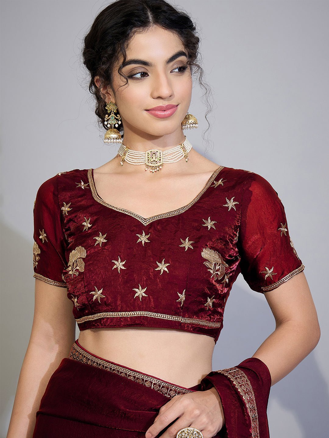Maroon Satin Emblished Party Wear Saree - Ressa