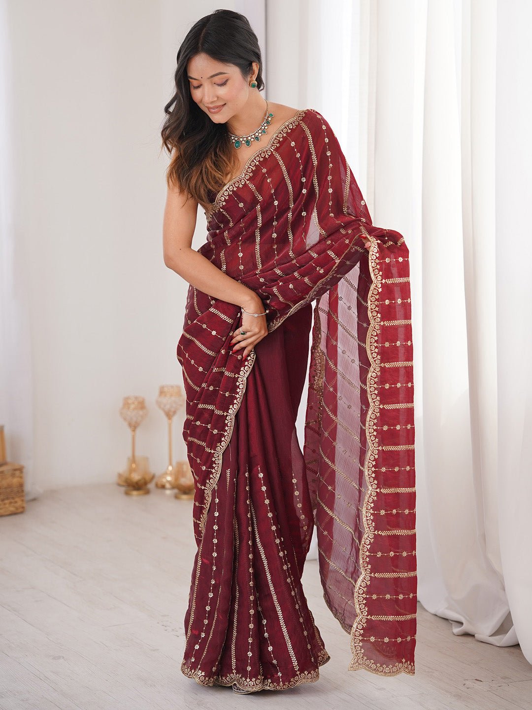 Maroon Satin Emblished Party Wear Saree - Ressa