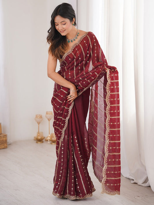 Maroon Satin Emblished Party Wear Saree - Ressa