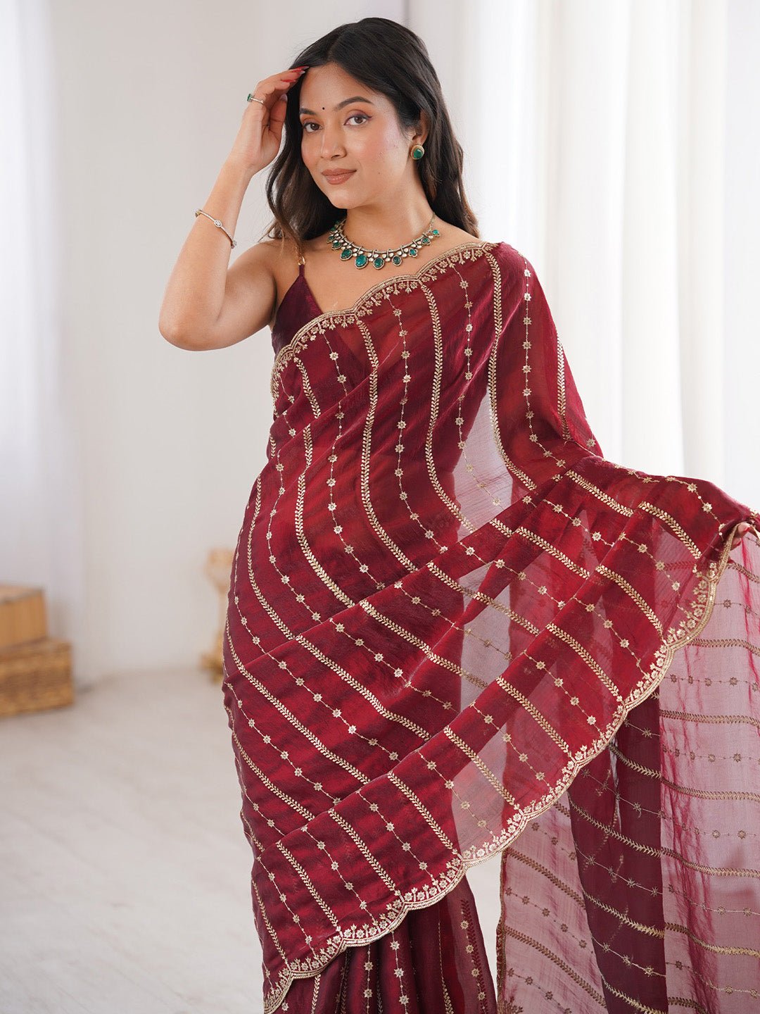Maroon Satin Emblished Party Wear Saree - Ressa