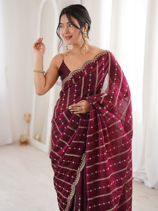 Maroon Satin Emblished Party Wear Saree - Ressa
