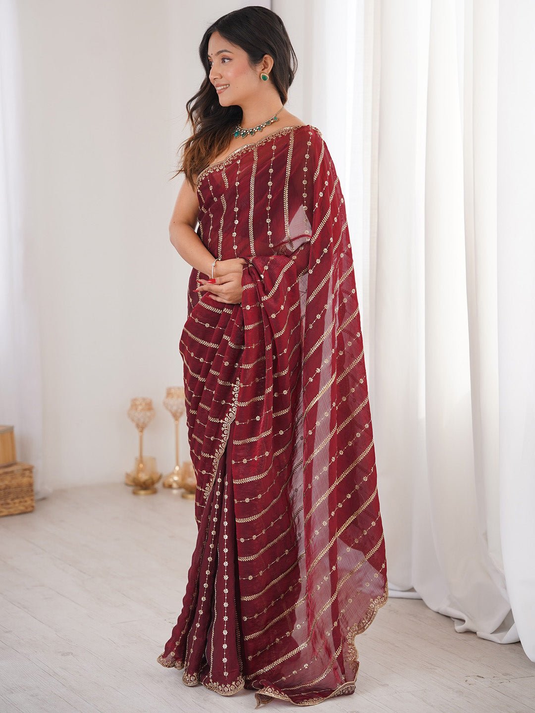 Maroon Satin Emblished Party Wear Saree - Ressa