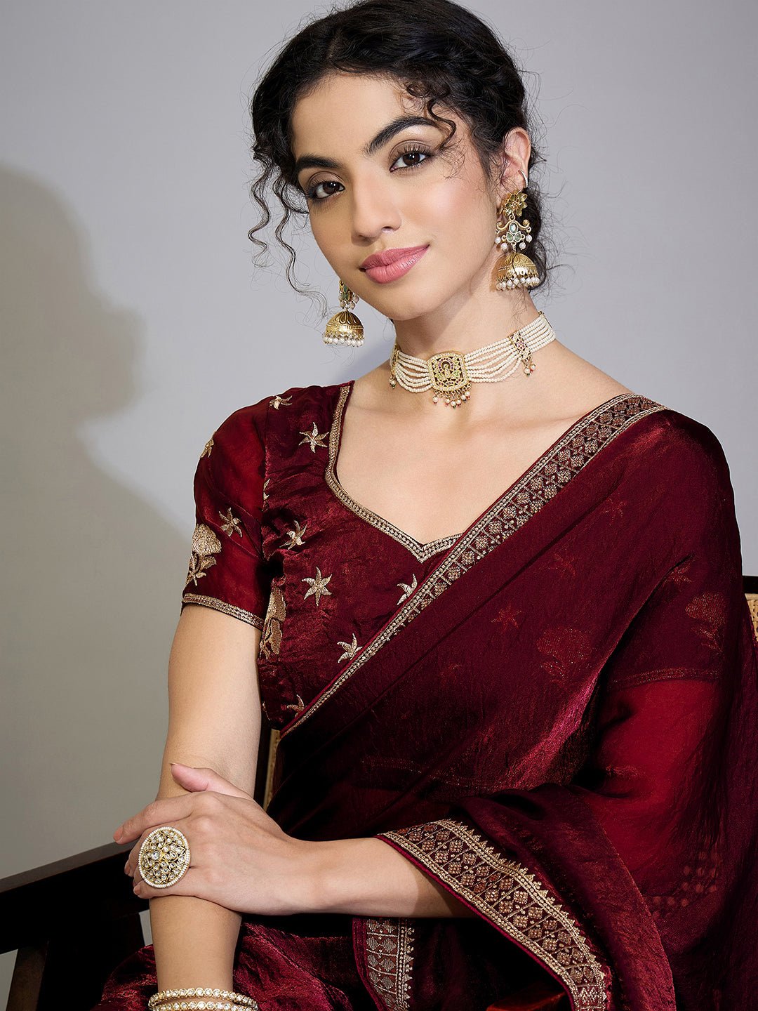 Maroon Satin Emblished Party Wear Saree - Ressa
