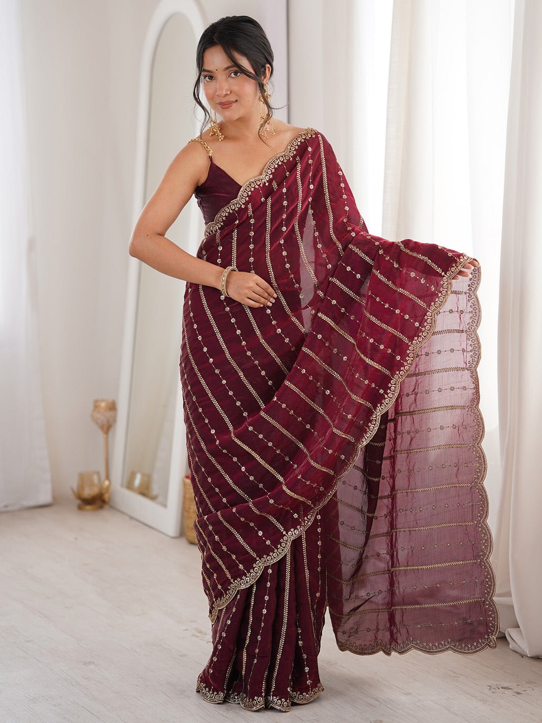 Maroon Satin Emblished Party Wear Saree - Ressa