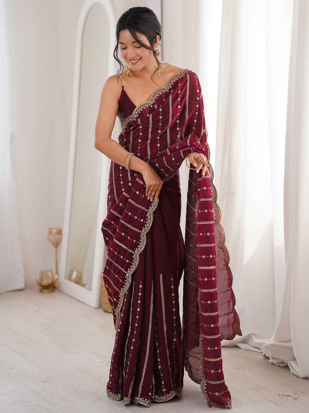 Maroon Satin Emblished Party Wear Saree - Ressa
