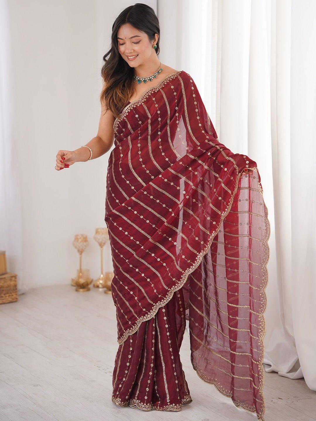 Maroon Satin Emblished Party Wear Saree - Ressa