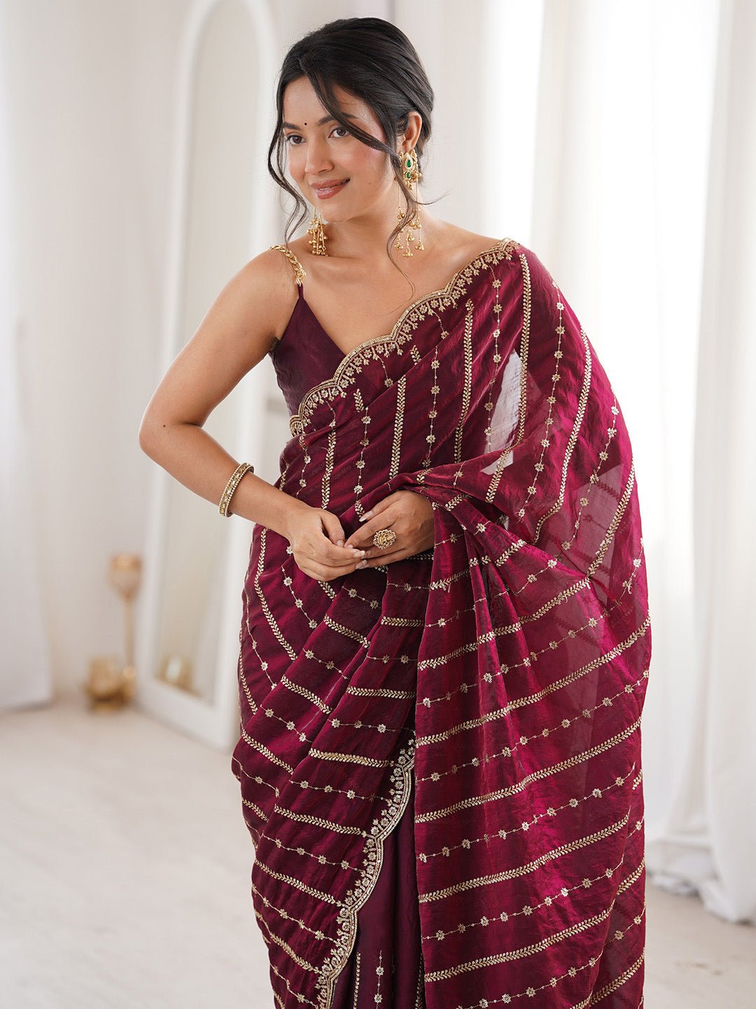 Maroon Satin Emblished Party Wear Saree - Ressa