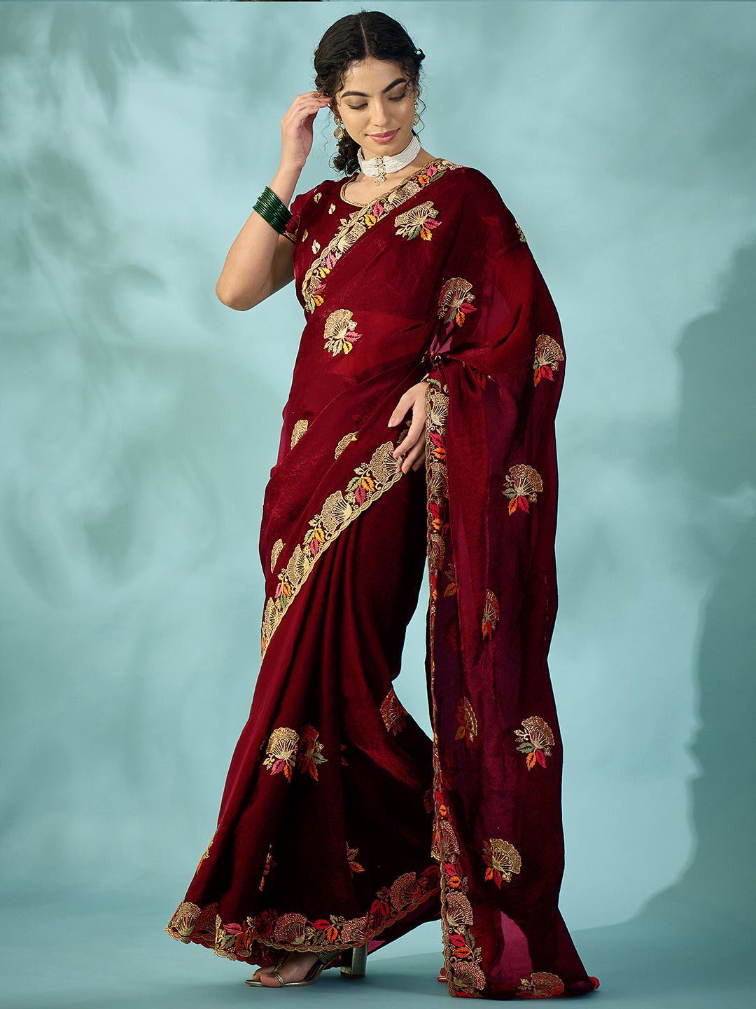 Maroon Satin Emlished Party wear Saree - Ressa