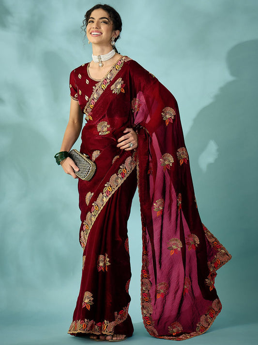 Maroon Satin Emlished Party wear Saree - Ressa