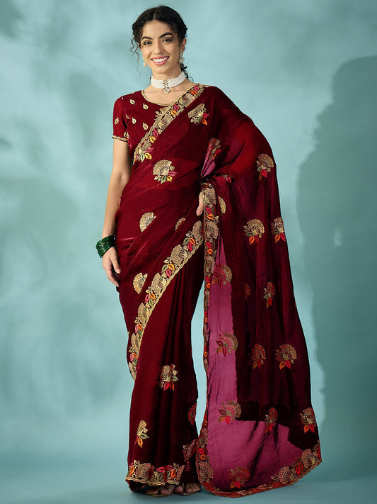 Maroon Satin Emlished Party wear Saree - Ressa
