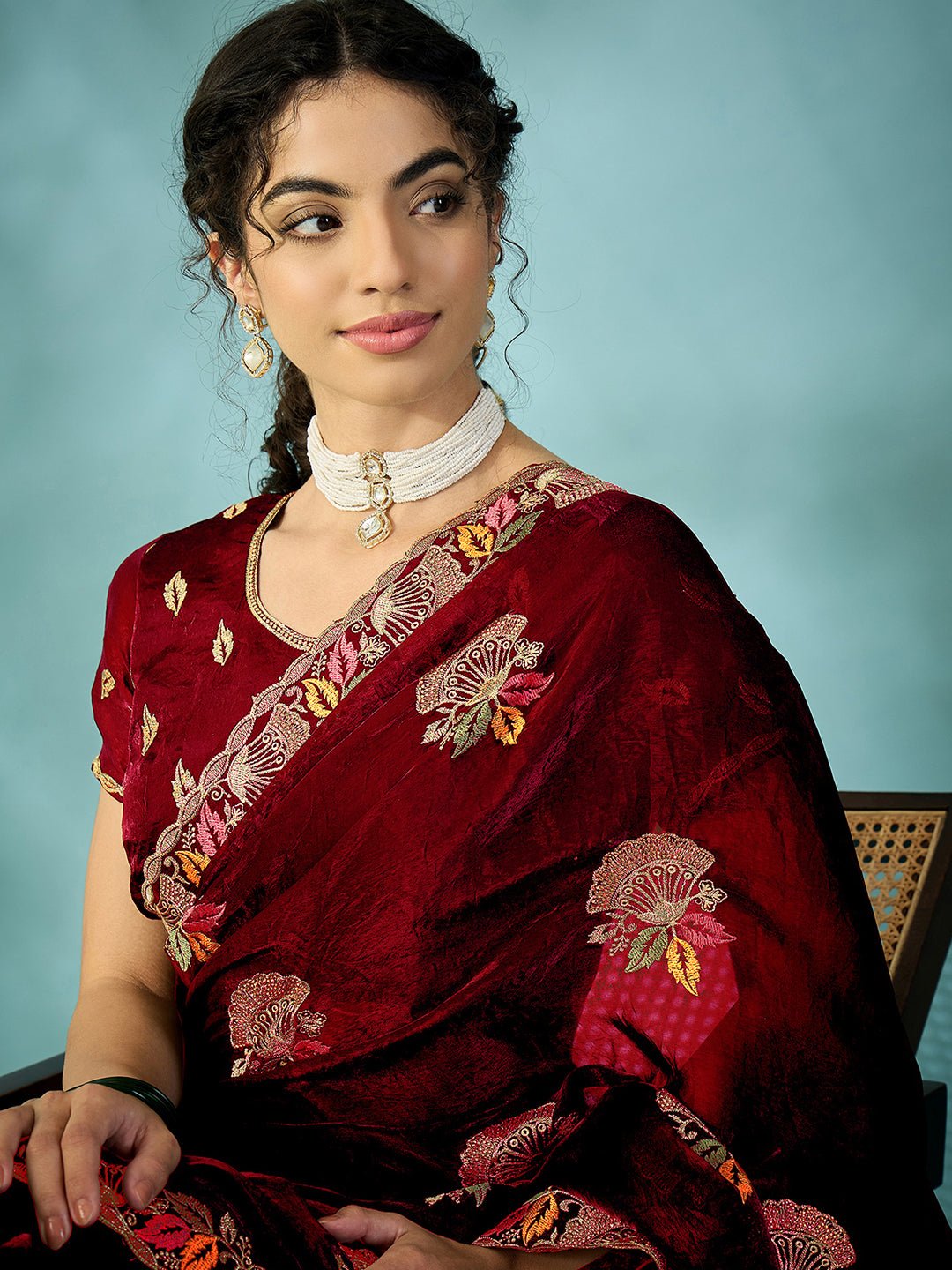 Maroon Satin Emlished Party wear Saree - Ressa