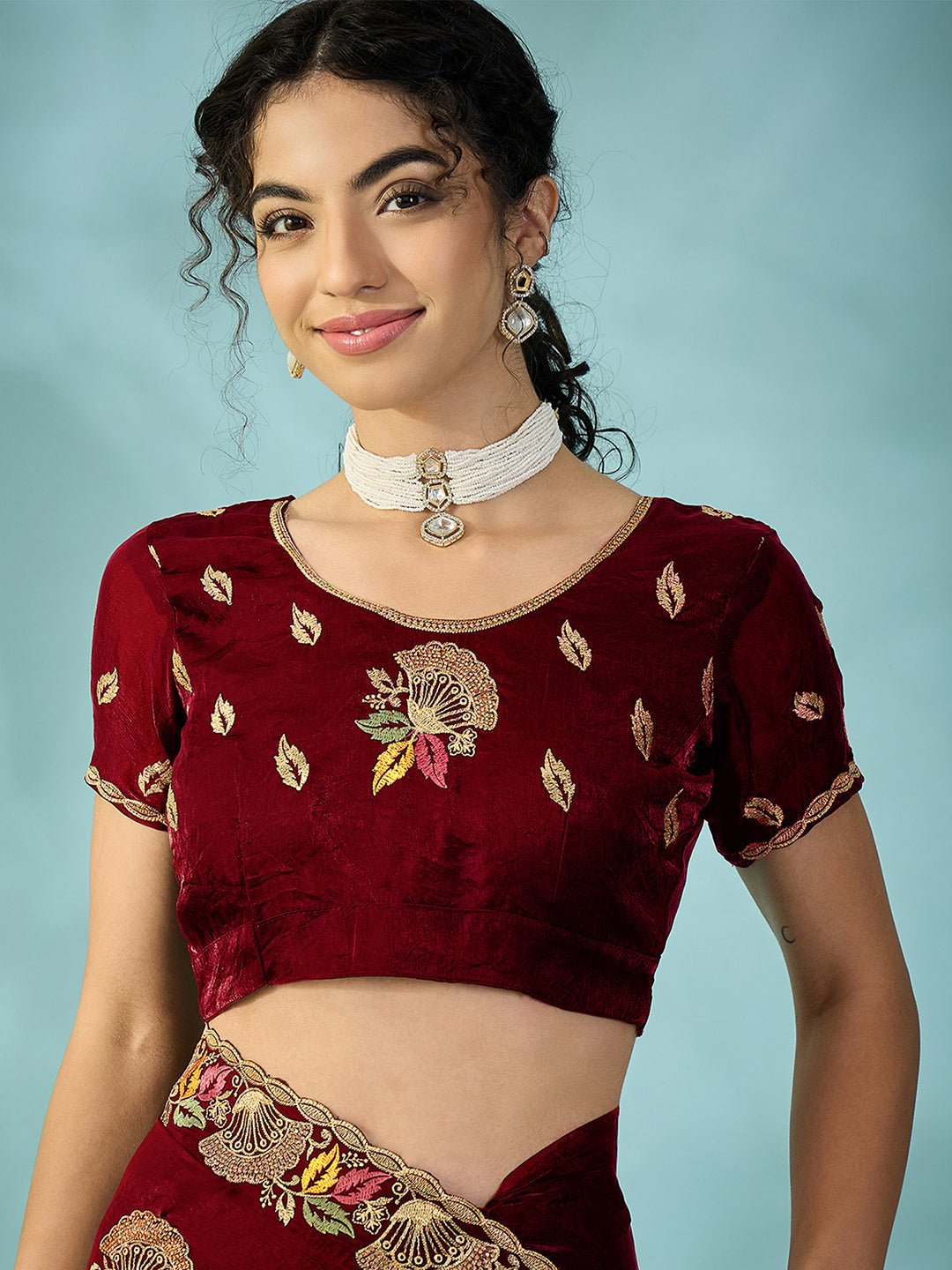 Maroon Satin Emlished Party wear Saree - Ressa