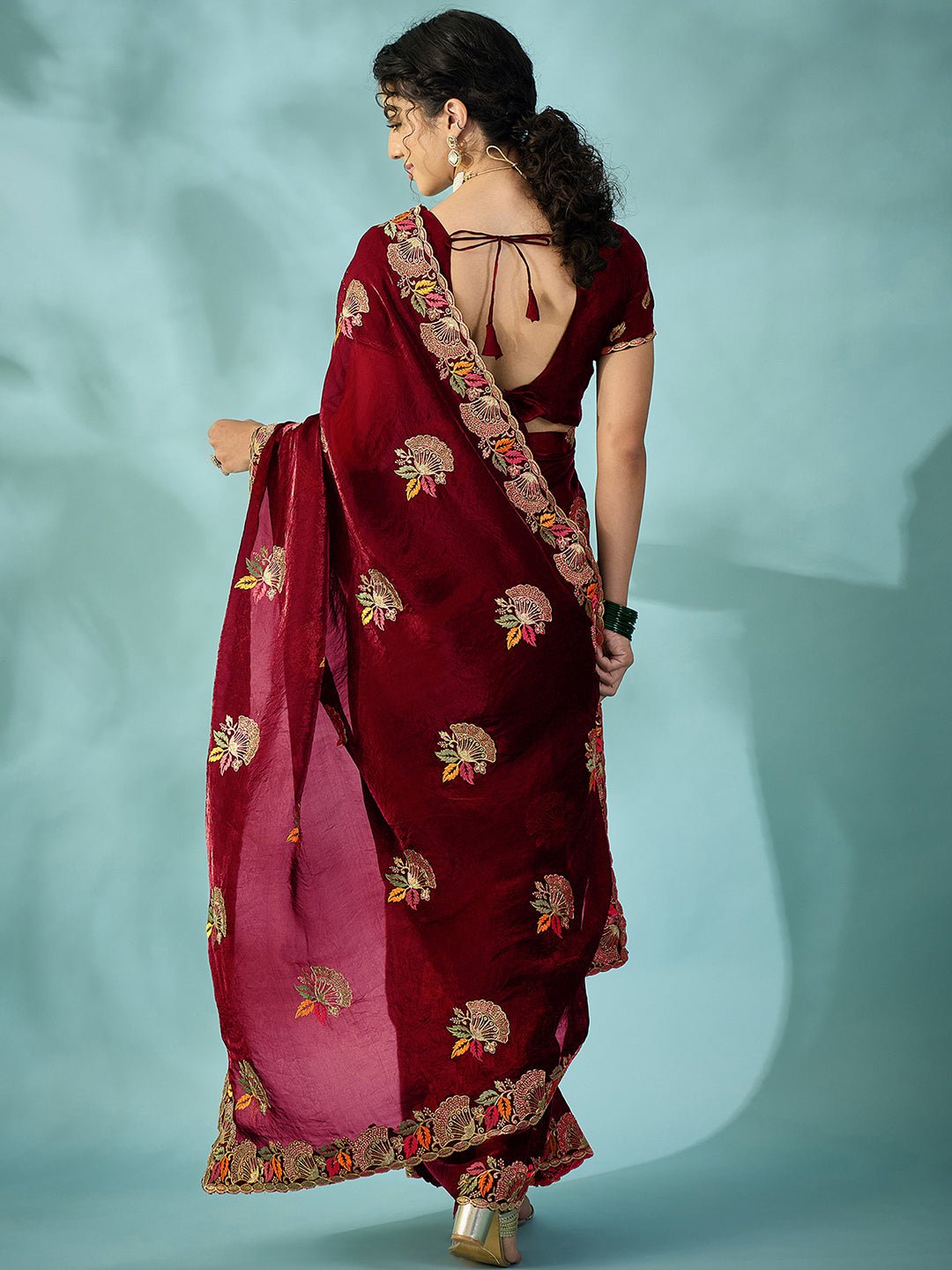 Maroon Satin Emlished Party wear Saree - Ressa