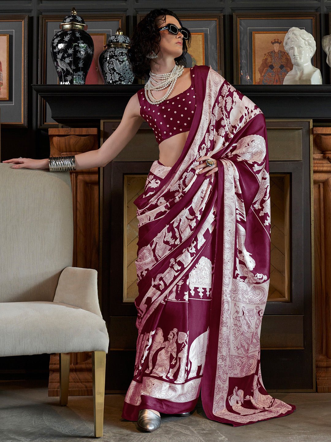 Maroon Satin Saree - Ressa